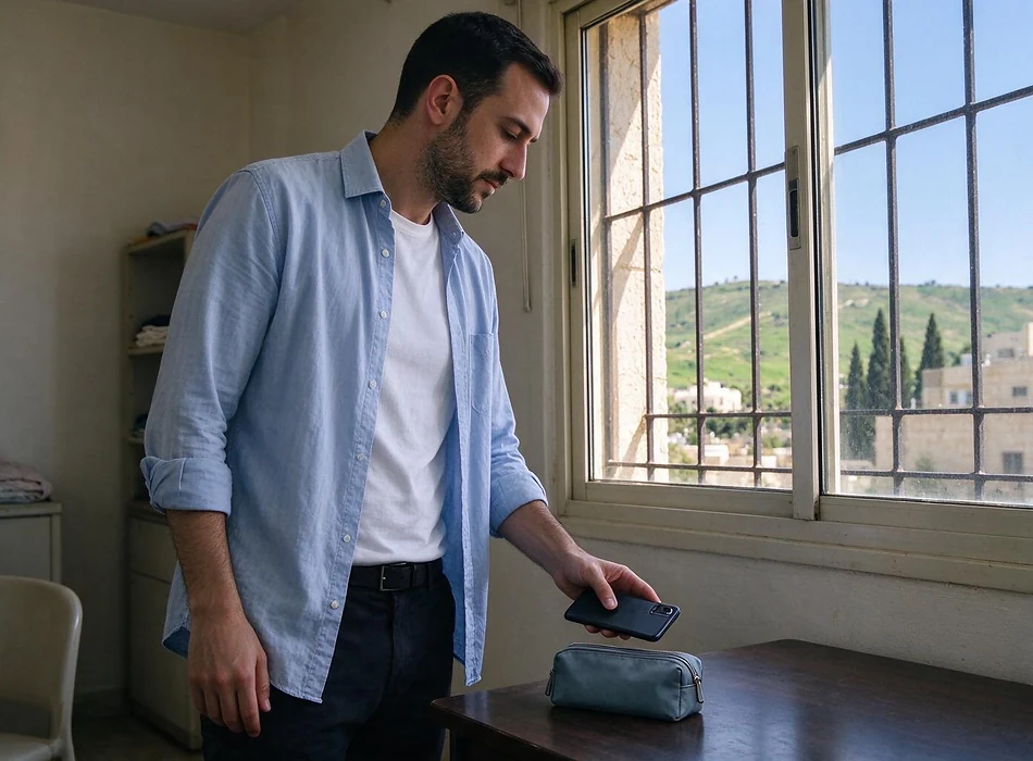 גבר בוגר מתכונן למפגש פרטי בדירה מוארת בצפון